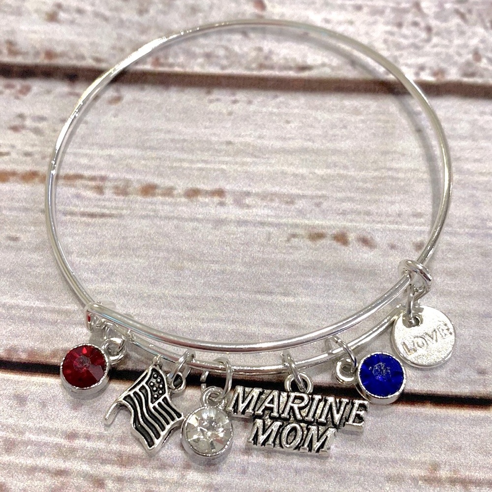 US Marine Mom Bangle Bracelet Military Charms Crystal Stones